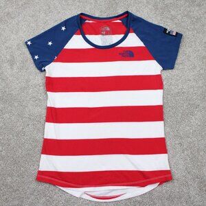 The North Face RU/14 Shirt Womens Medium Red/White/Blue Cotton S/S Pullover‎